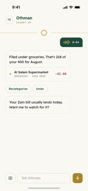 The Othman chat screen with a spoken expense being logged